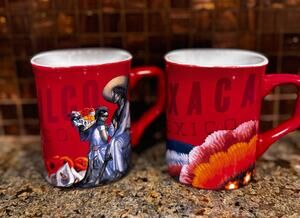 Pair Vintage Nescafe Clasico Oaxaca Mexico Red Coffee Mugs Ceramic Folk Art Set